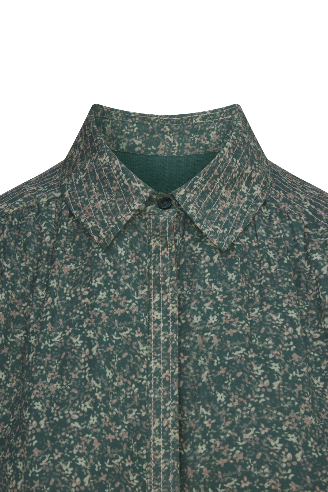 Green patterned shirt with collar and button on a white background