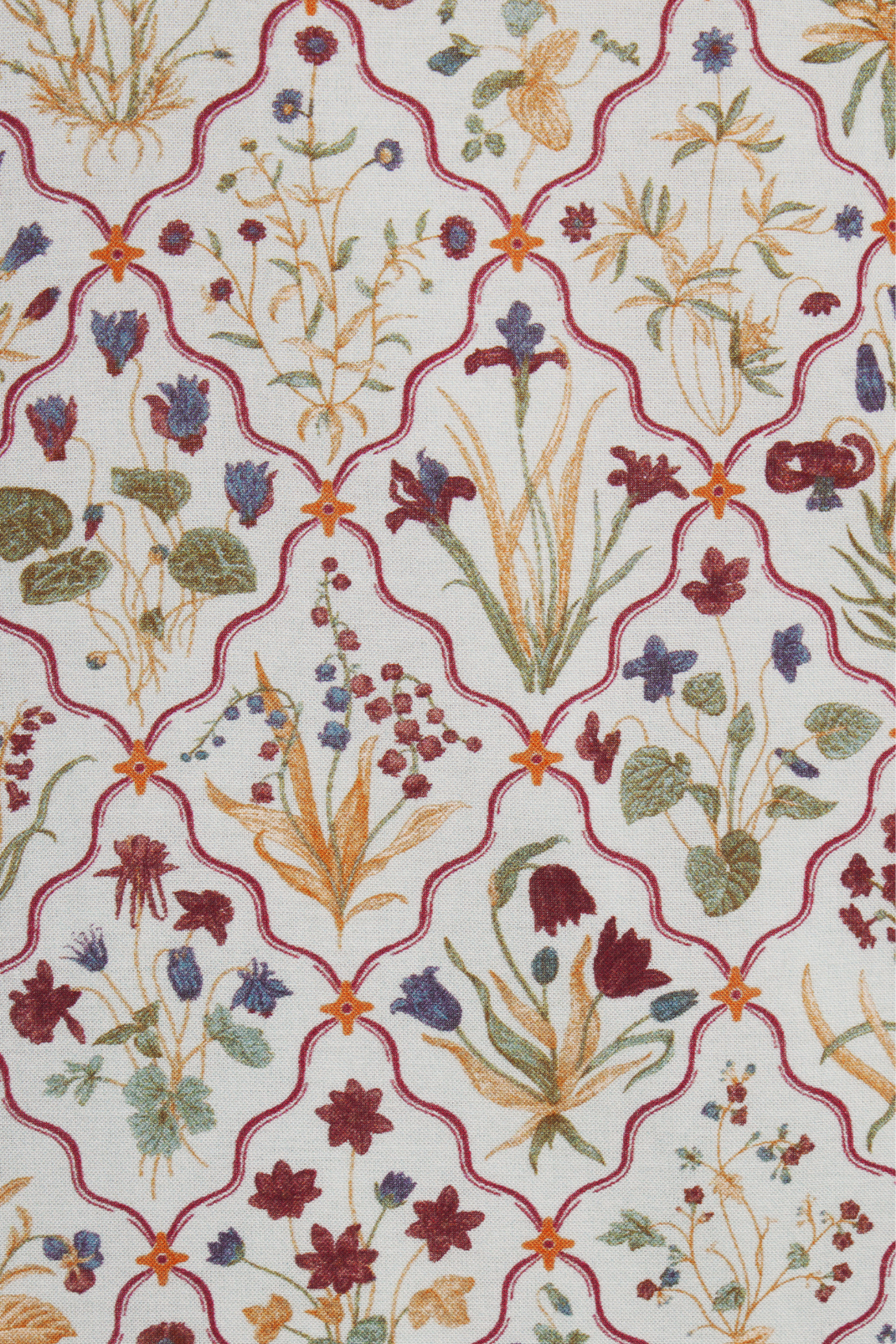 Patterned fabric with floral design and geometric shapes on a white background