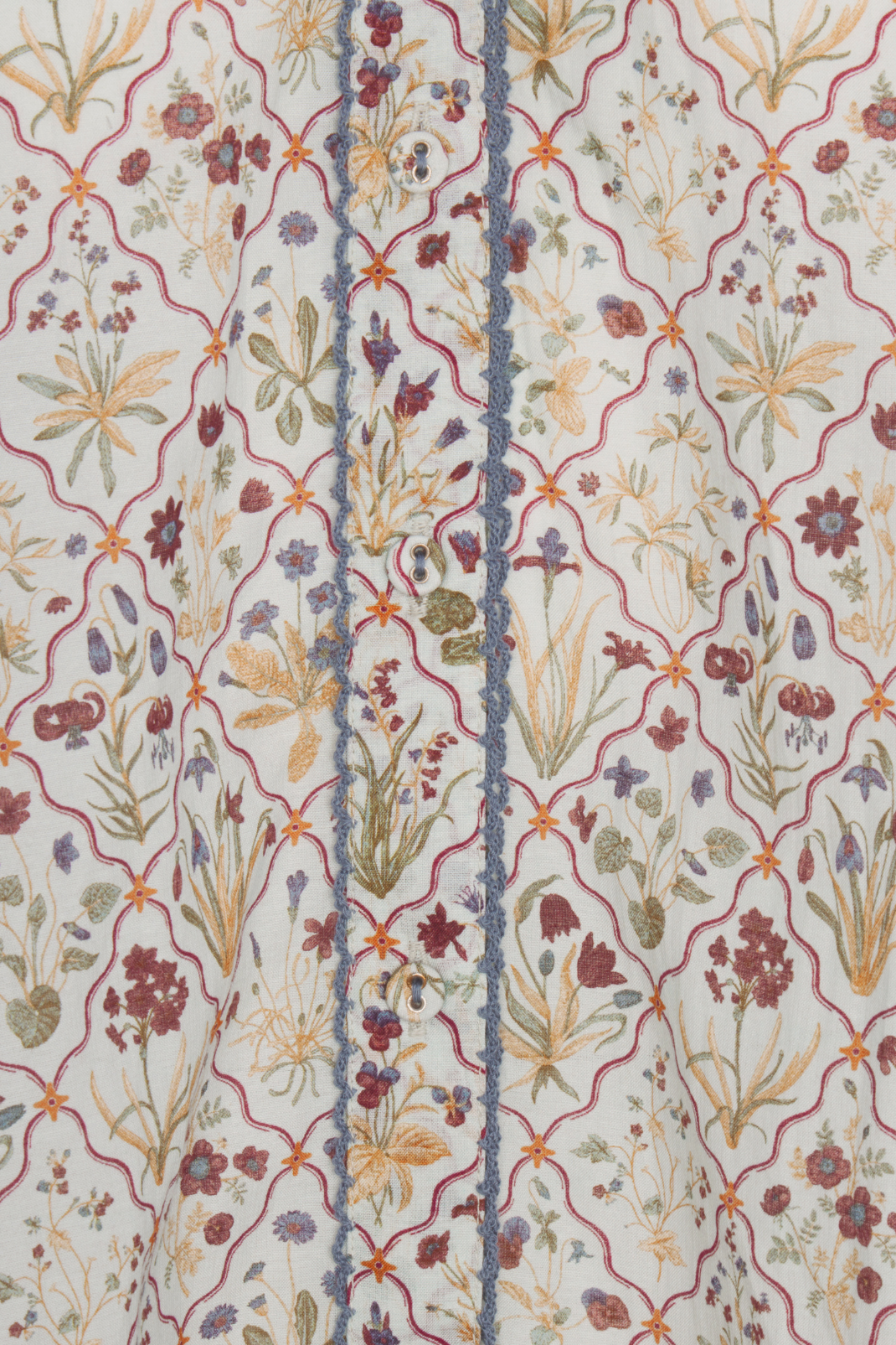 Floral patterned fabric with a blue stripe running through it