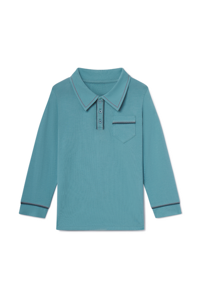 Teal long-sleeve polo shirt on a white background