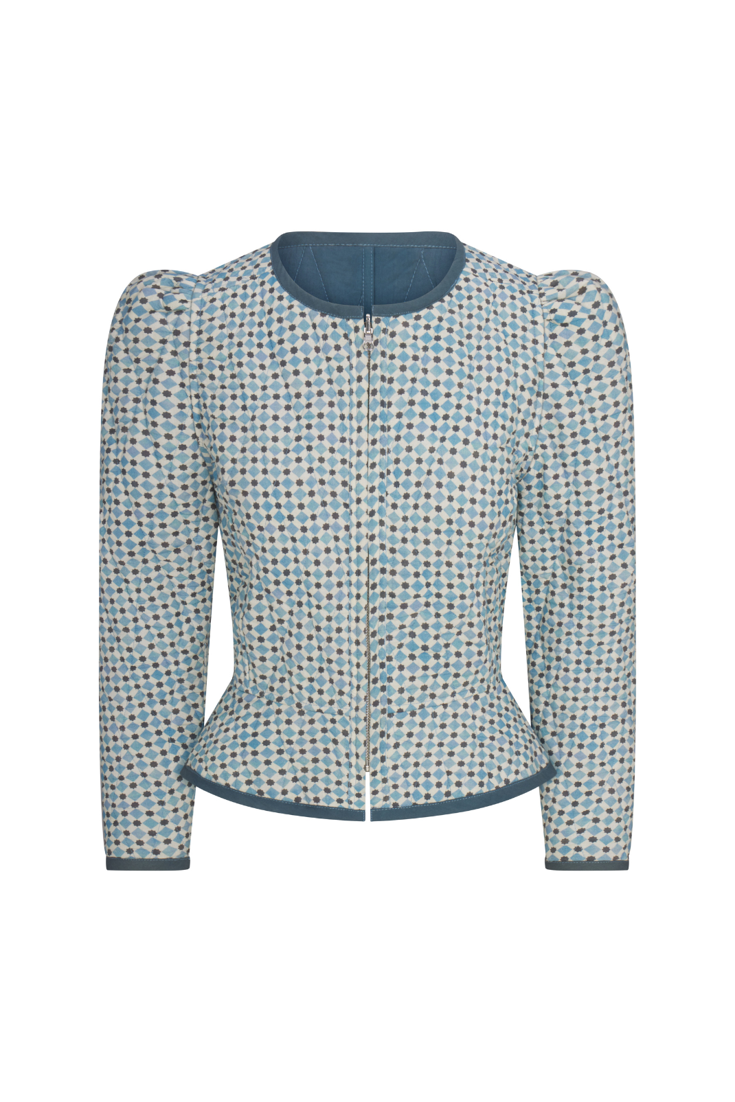 Patterned jacket with puff sleeves on a white background