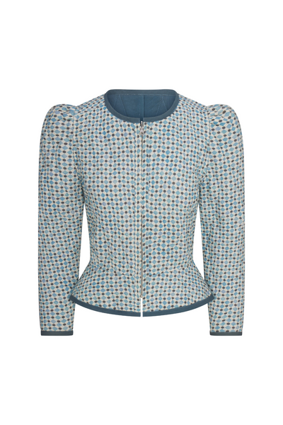 Patterned jacket with puff sleeves on a white background