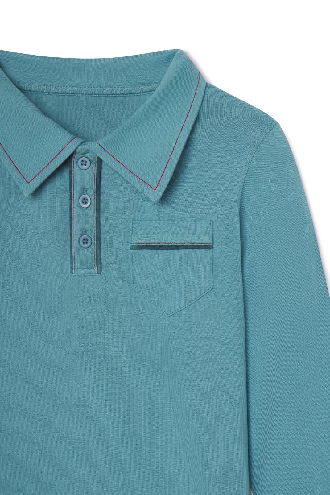 Teal polo shirt with red stitching on a white background