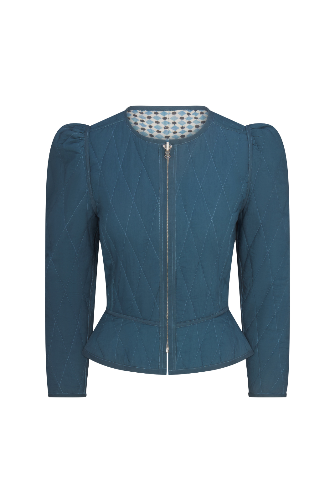 Blue jacket with diamond quilted pattern on a white background