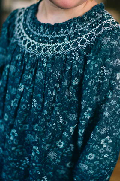 Close-up of a teal floral dress with intricate lace neckline.