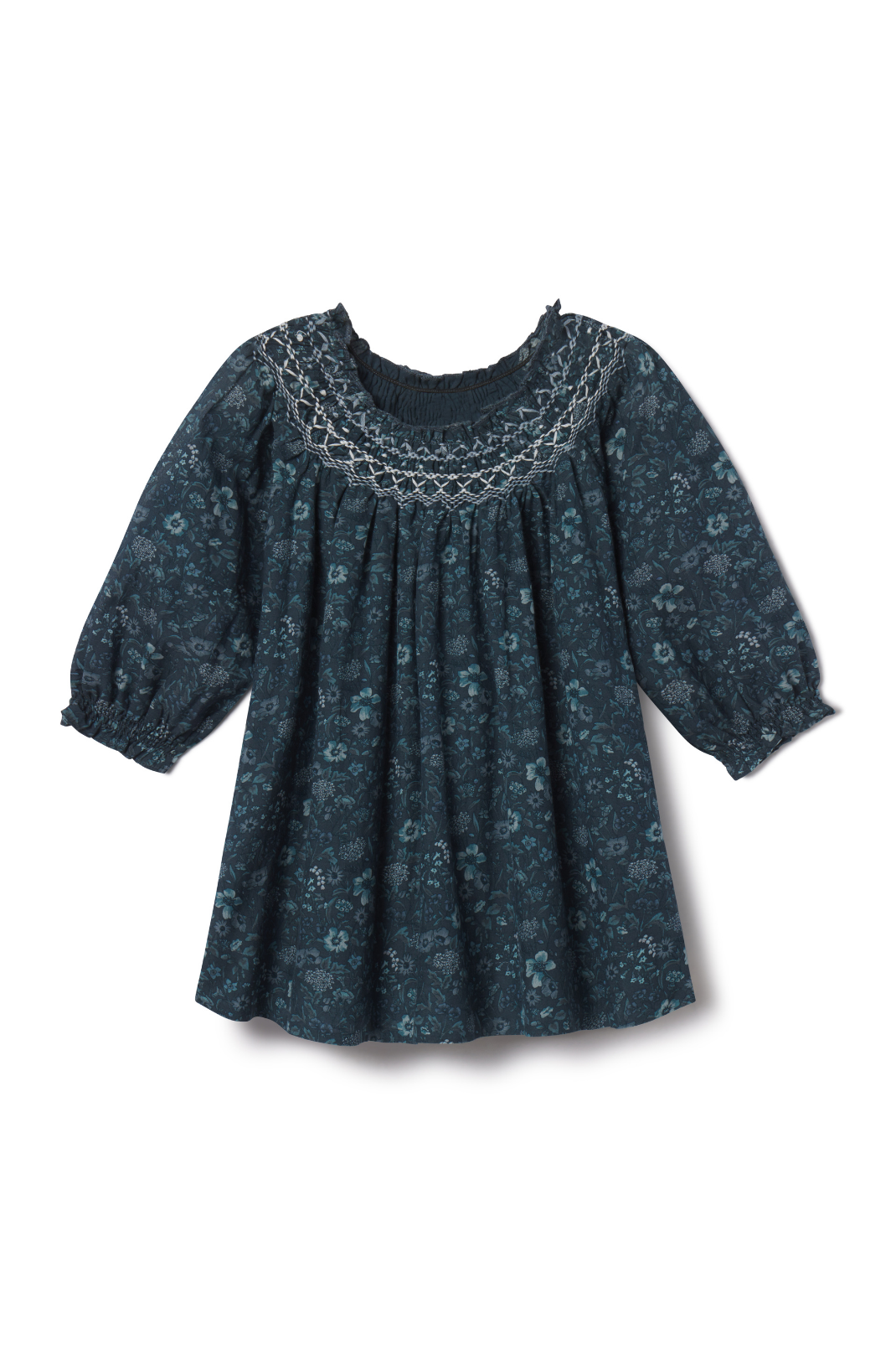 Dark blue floral dress with lace neckline on a white background