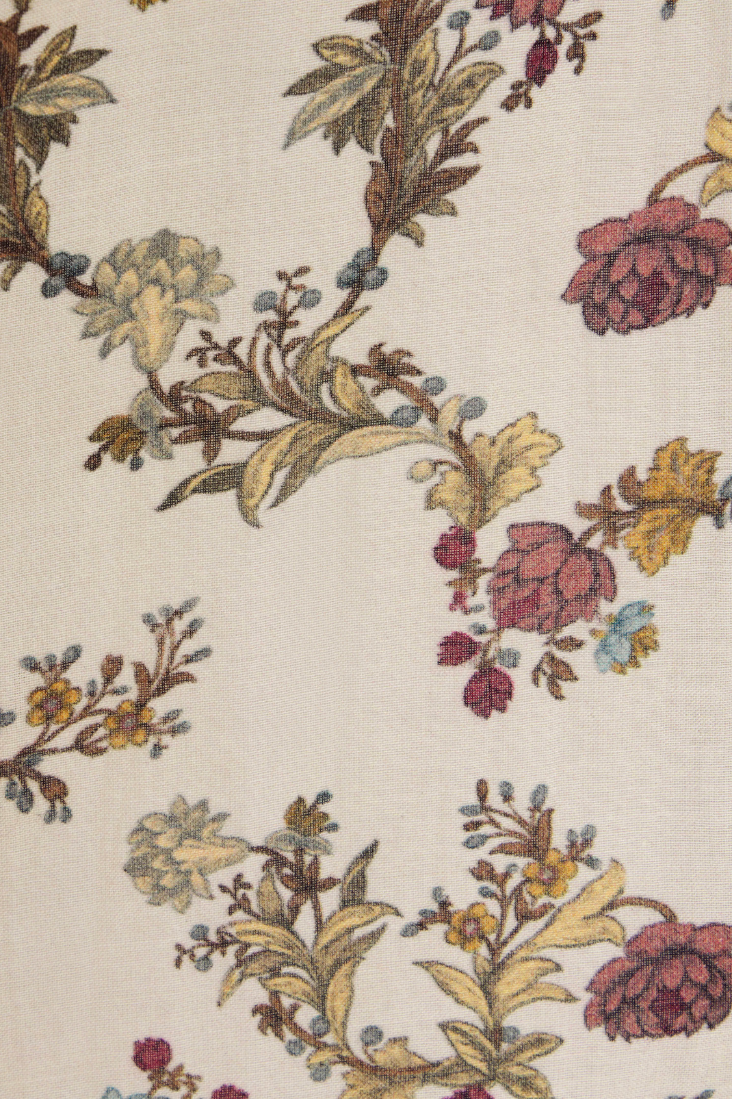 Close-up of floral and leaf pattern on fabric