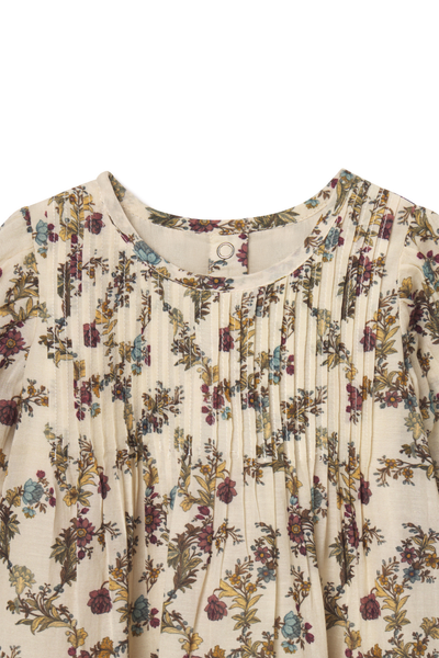 Floral patterned dress with a close-up of the neckline on a white background