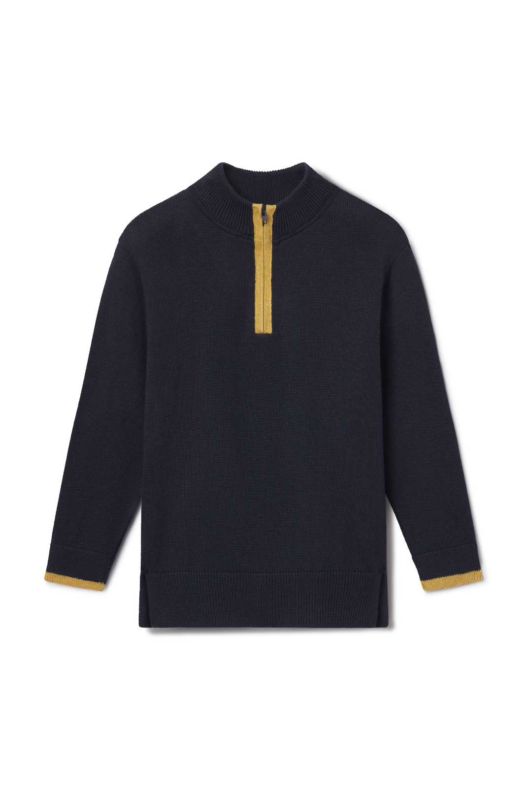 Navy sweater with gold zipper on a white background