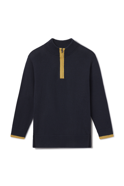 Navy sweater with gold zipper on a white background