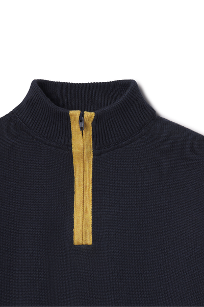 Close-up of a navy sweater with a yellow zipper on a white background