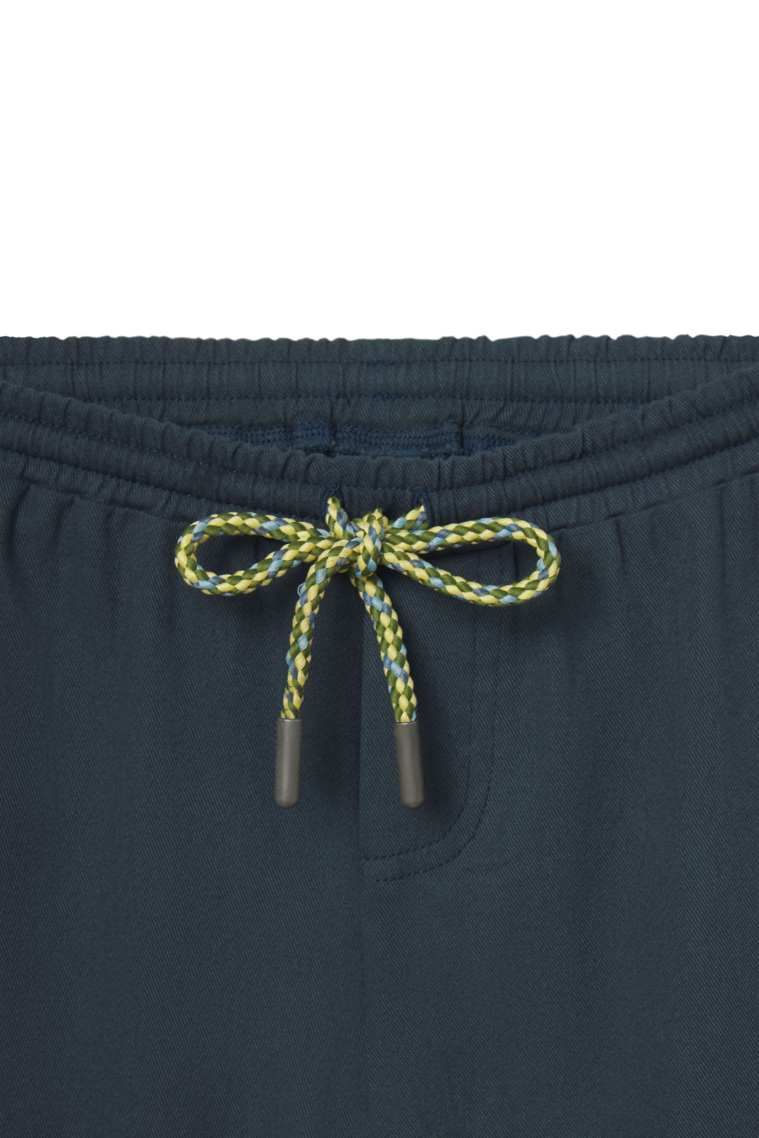 Navy pants with a green and yellow drawstring on a white background