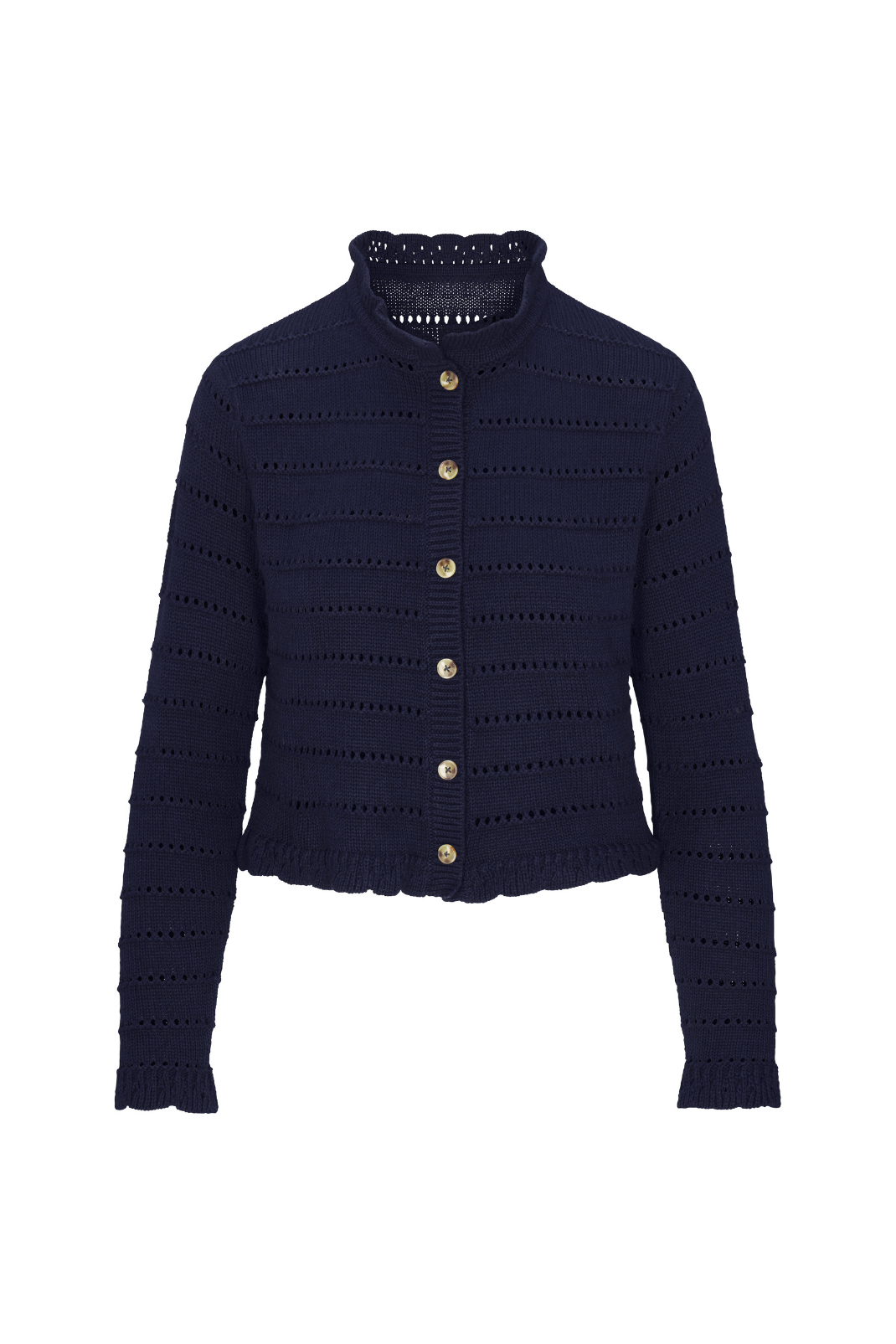 Navy blue textured cardigan with buttons on a white background