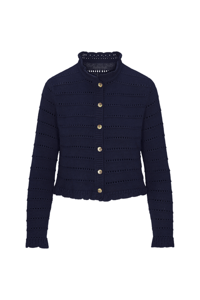 Navy blue textured cardigan with buttons on a white background