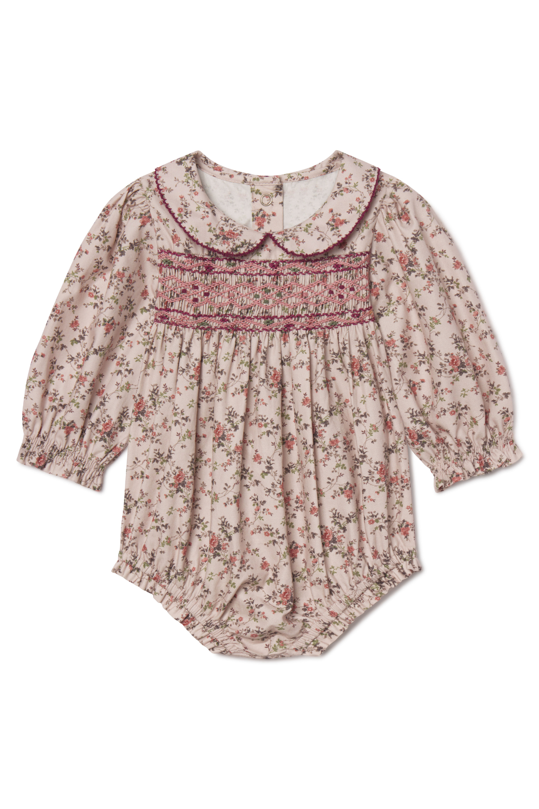 Floral baby romper with a collar on a white background