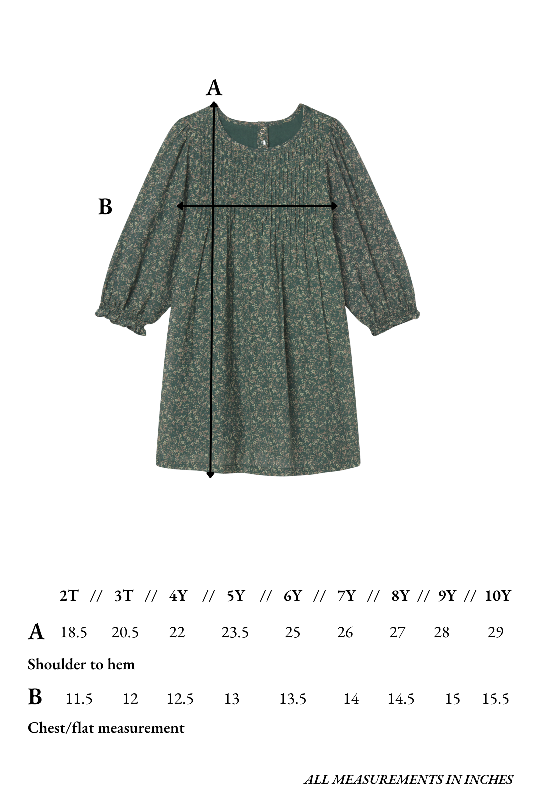 Green dress with measurement chart on a white background