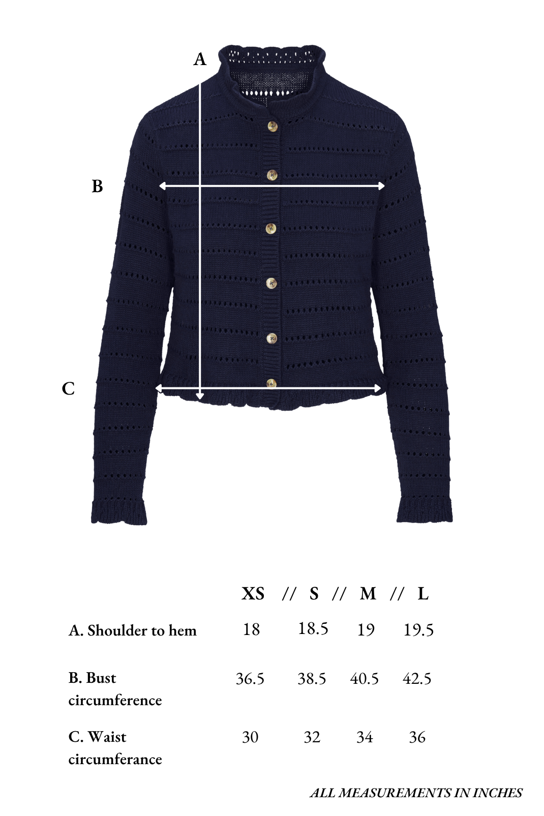 Navy blue textured cardigan with measurement chart on a white background
