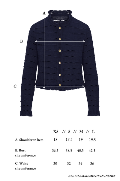 Navy blue textured cardigan with measurement chart on a white background