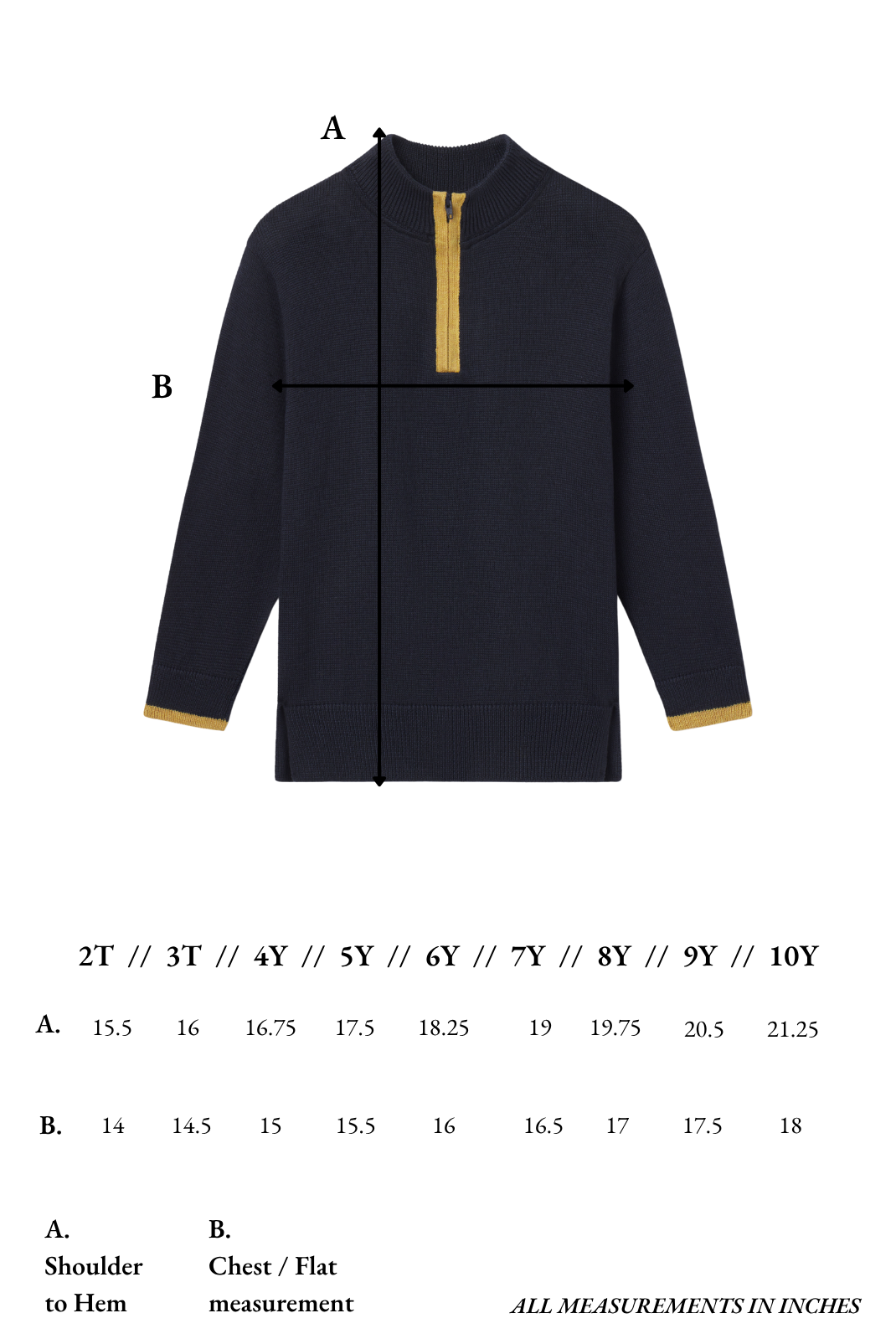 Navy sweater with gold trim and measurement chart on a white background