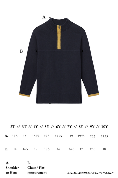 Navy sweater with gold trim and measurement chart on a white background