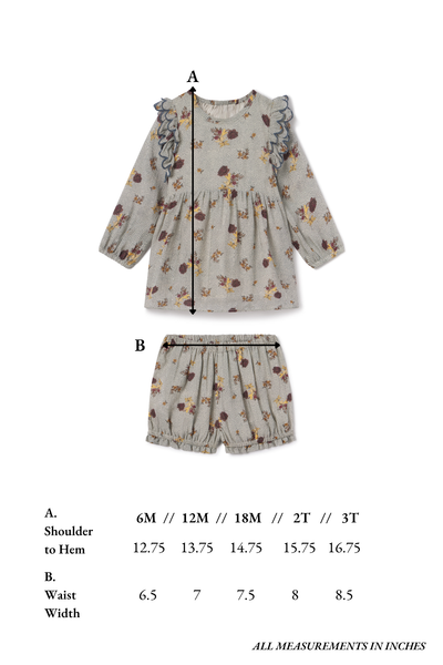 Children's floral dress and shorts set with size chart on a white background