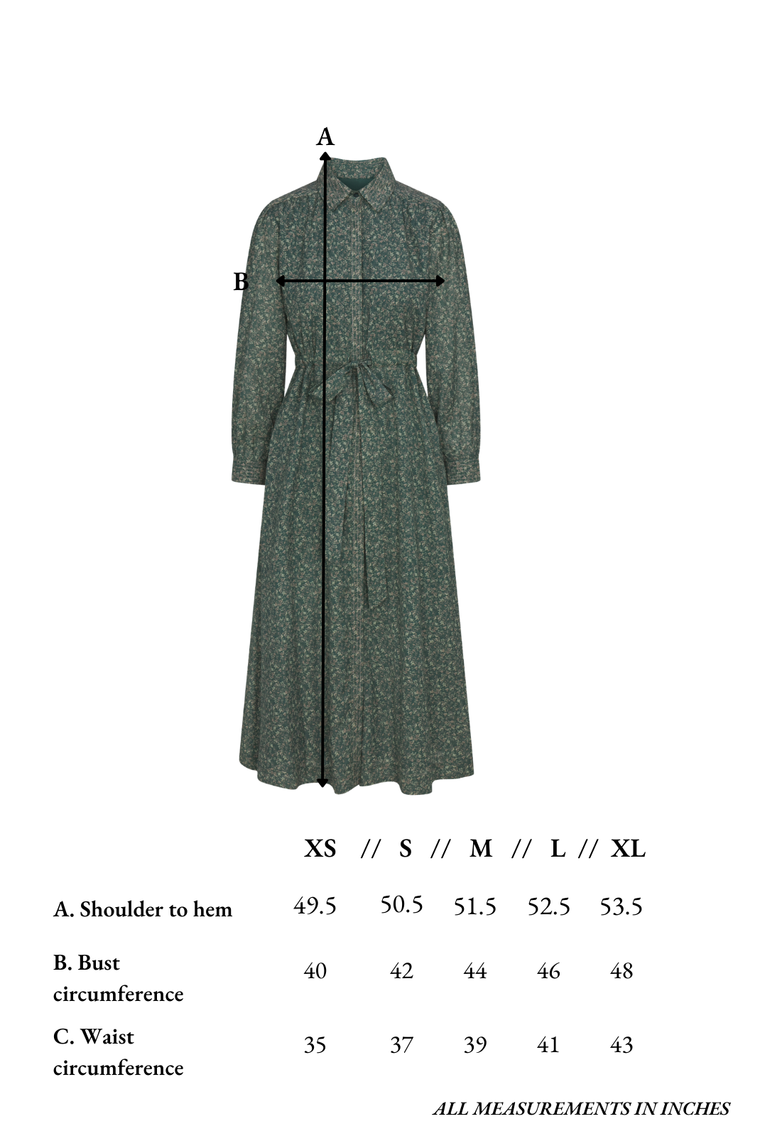 Green dress with measurement chart on a white background