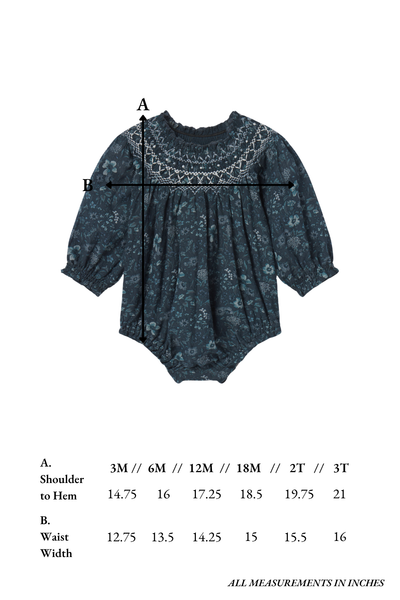 Baby romper with measurement chart on a white background