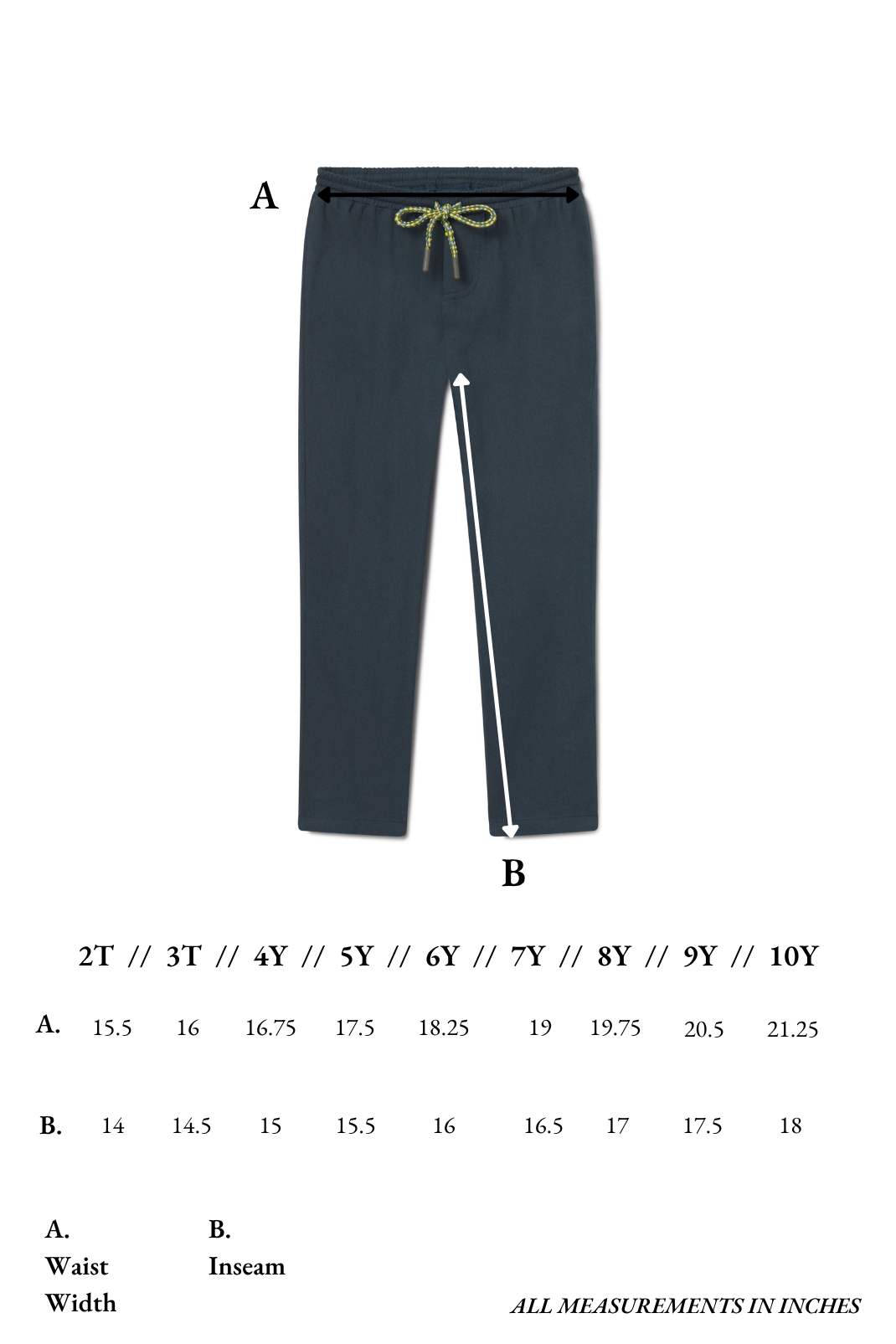 Dark gray pants with a yellow drawstring on a white background, accompanied by measurement chart.