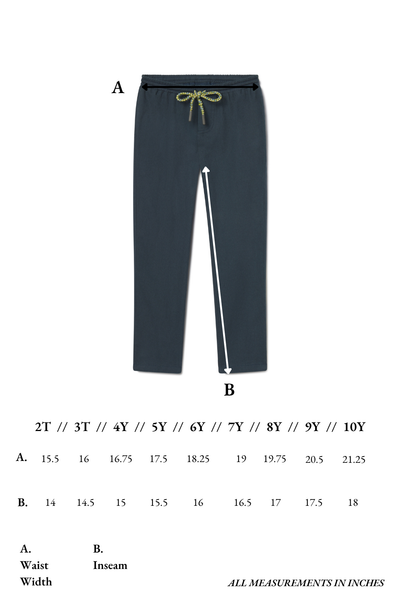 Dark gray pants with a yellow drawstring on a white background, accompanied by measurement chart.