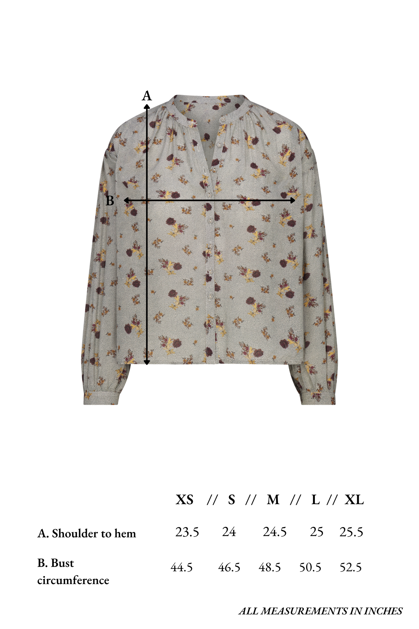 Floral blouse with measurement lines and size chart on a white background