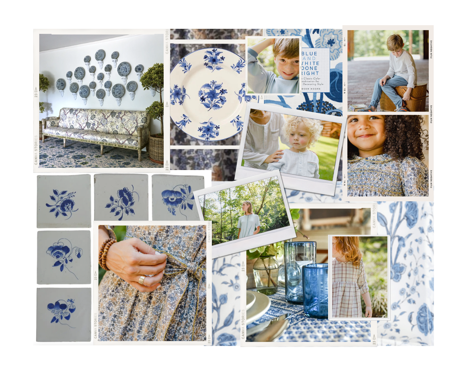 Collage of images of blue items from Baybala's collection and blue home textiles
