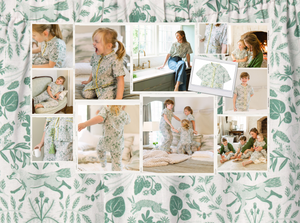 Collage of images of women and children wearing matching green and white loungewear