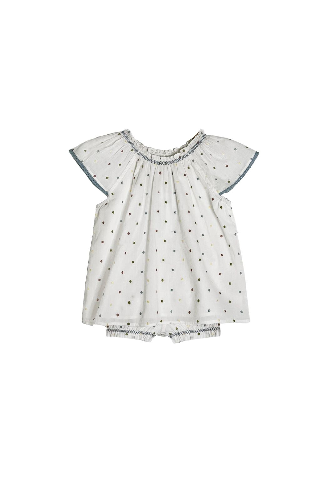 Product shot of confetti dot printed toddler set