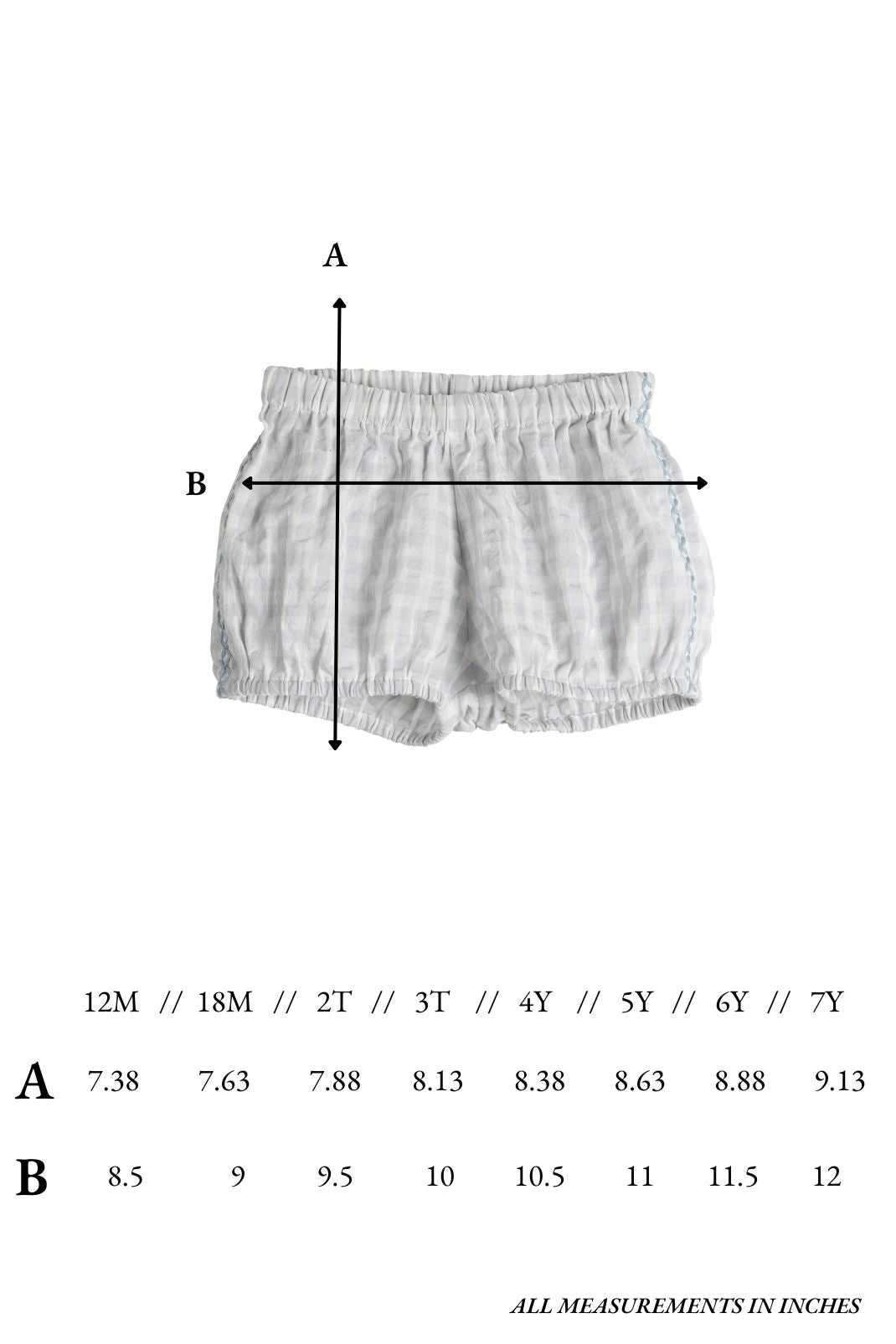 Size chart for the Sawyer Bloomer in Harbor Gingham