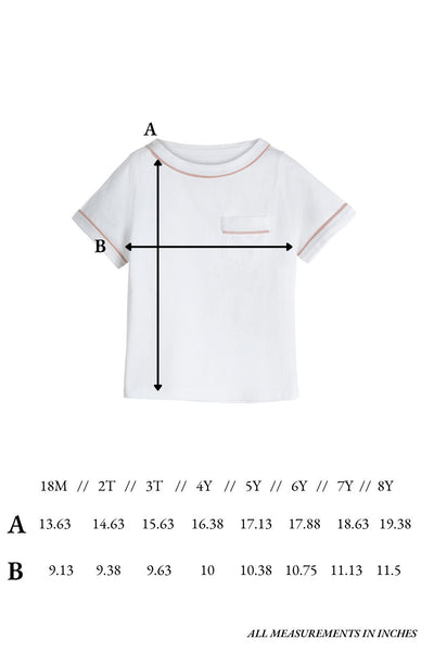 Size chart for the James Tee in White with Pink Trim