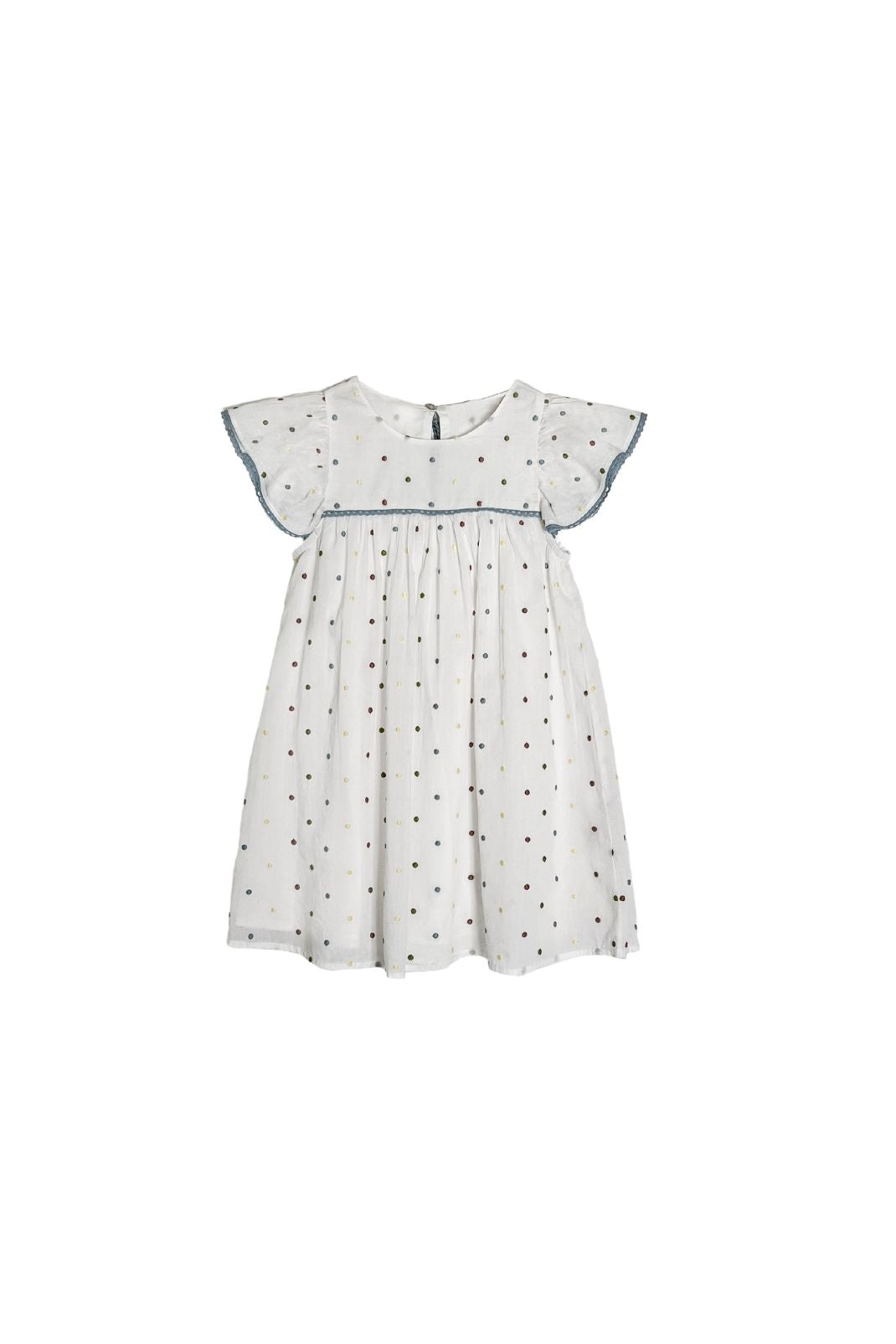 Product shot of little girls dress with polka dots