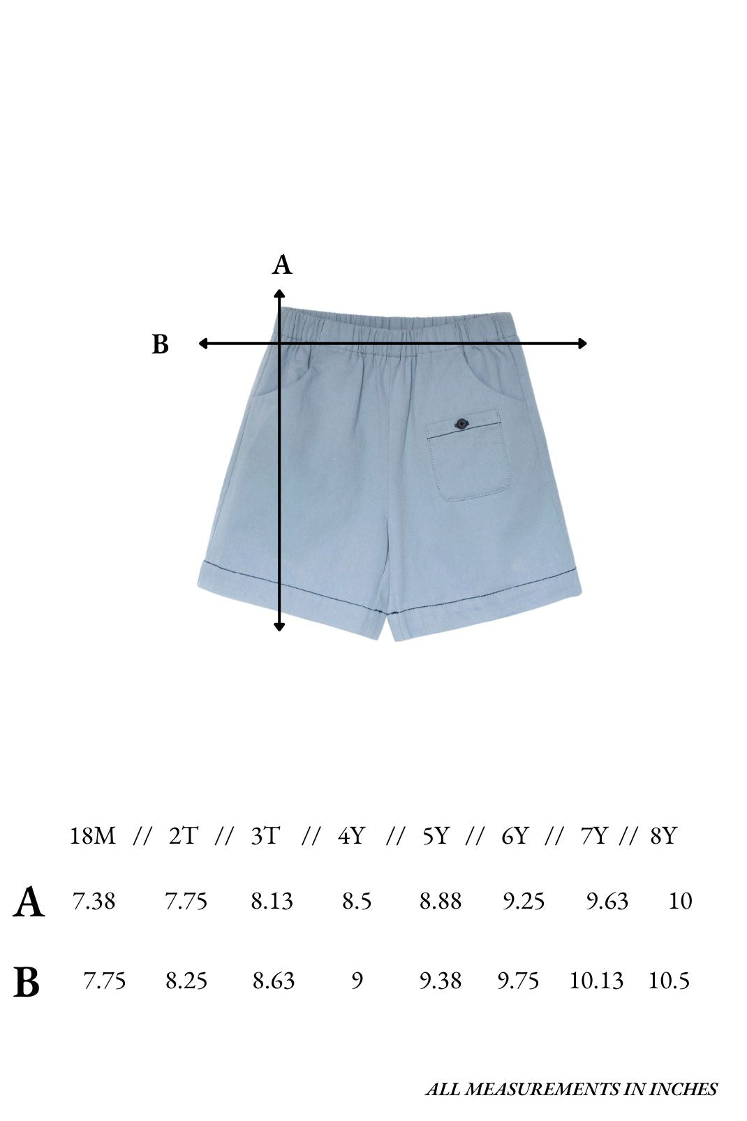 Size chart for the Graham Short in Pearl Blue