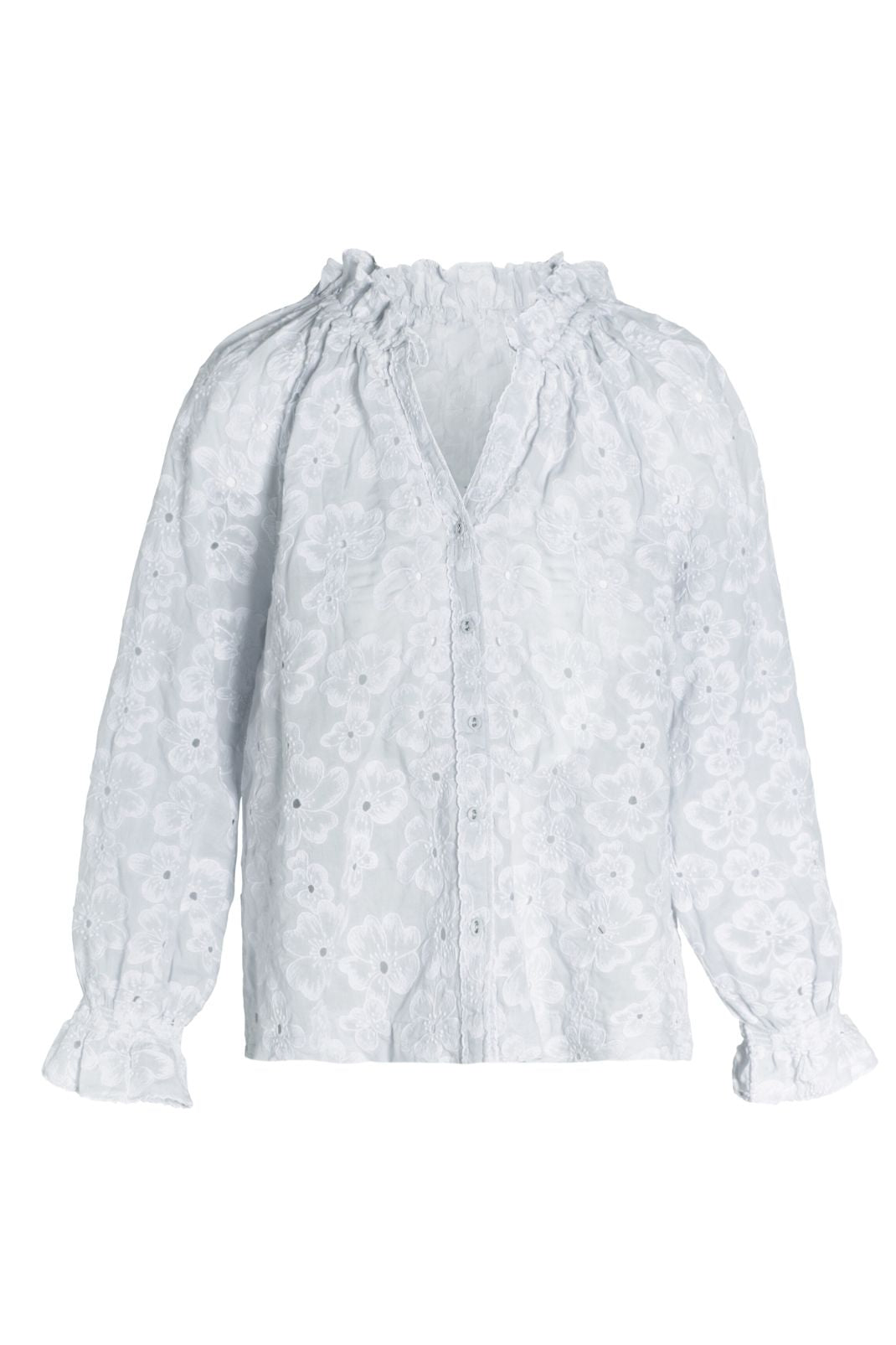 Product shot of the Harper Top in Sky Anemone Embroidery