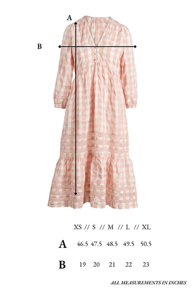 Size chart for the Lyla Dress in Pink Gingham