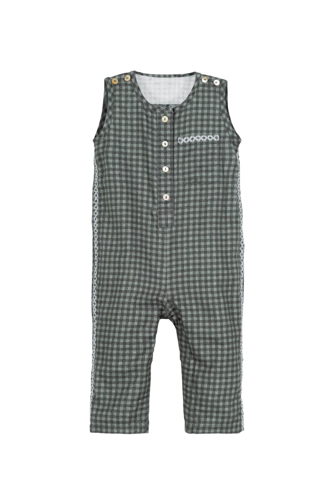 Product shot of the Jonathan Romper in Eucalipto Check