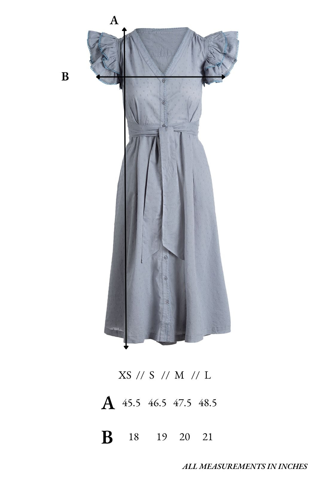 Size chart for the Lilibet Dress in Faded Denim