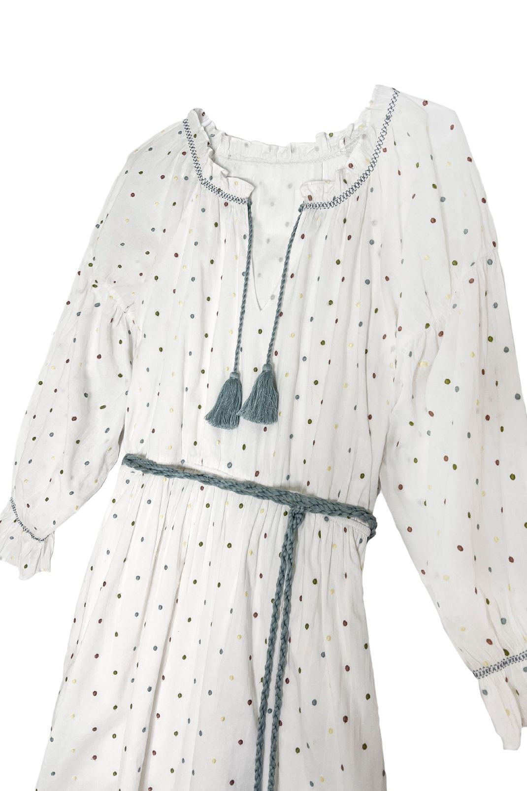 Close up product shot of women's long sleeve confetti dot printed dress
