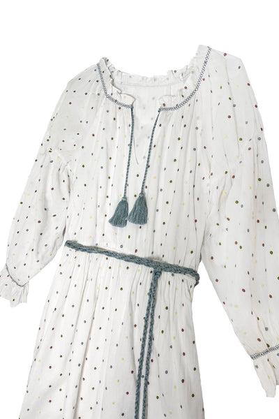 Close up product shot of women's long sleeve confetti dot printed dress