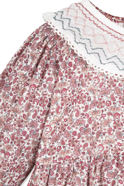 Close up product shot of the Bethy Dress in Indian Floral print