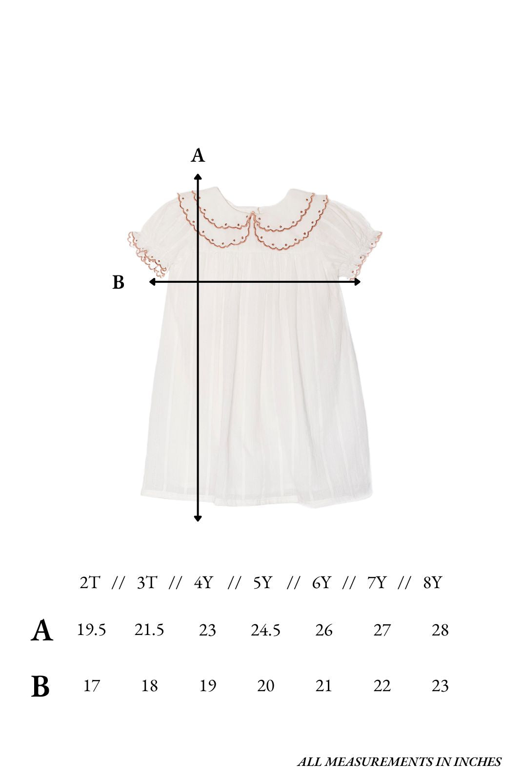 Size chart for the Evie Dress
