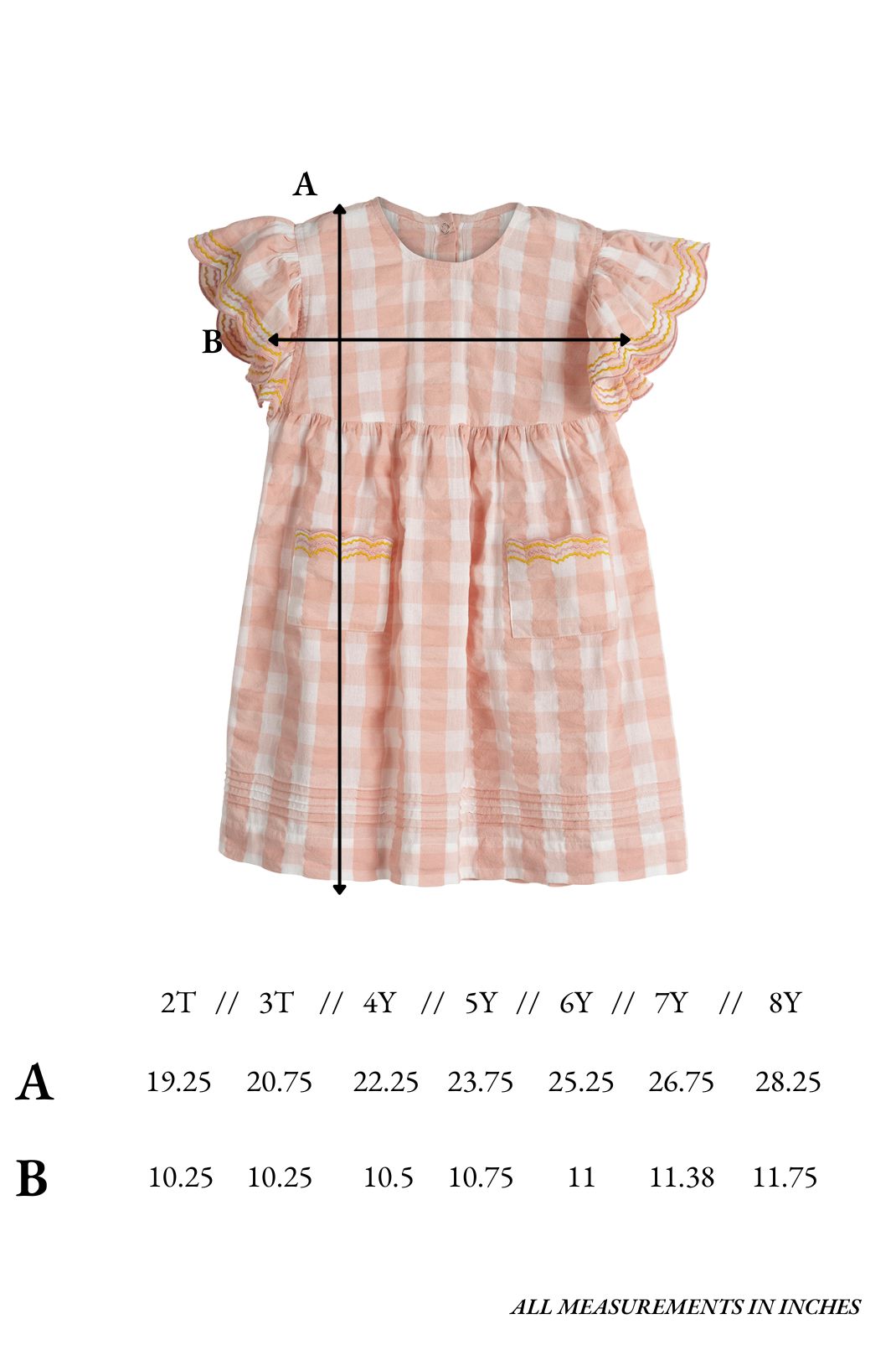Size chart for the Georgia Dress in Pink Gingham
