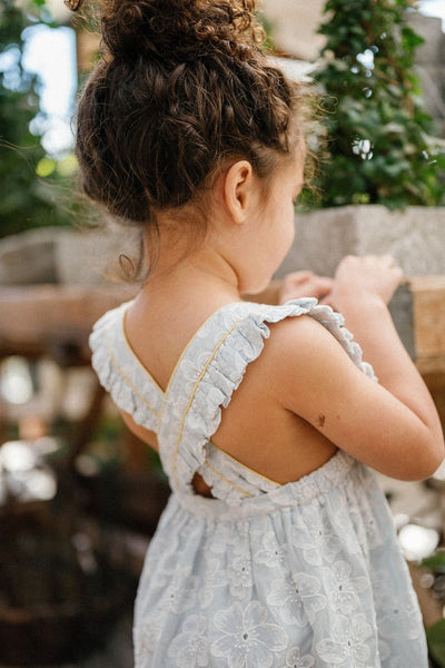 Back shot of a little girl wearing the Elizabeth Dress in Sky Anemone Embroidery