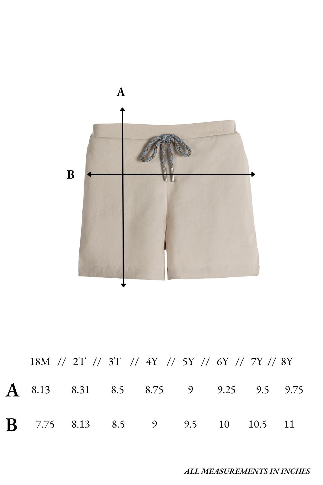 Size chart for the Jimmy Short in Stone
