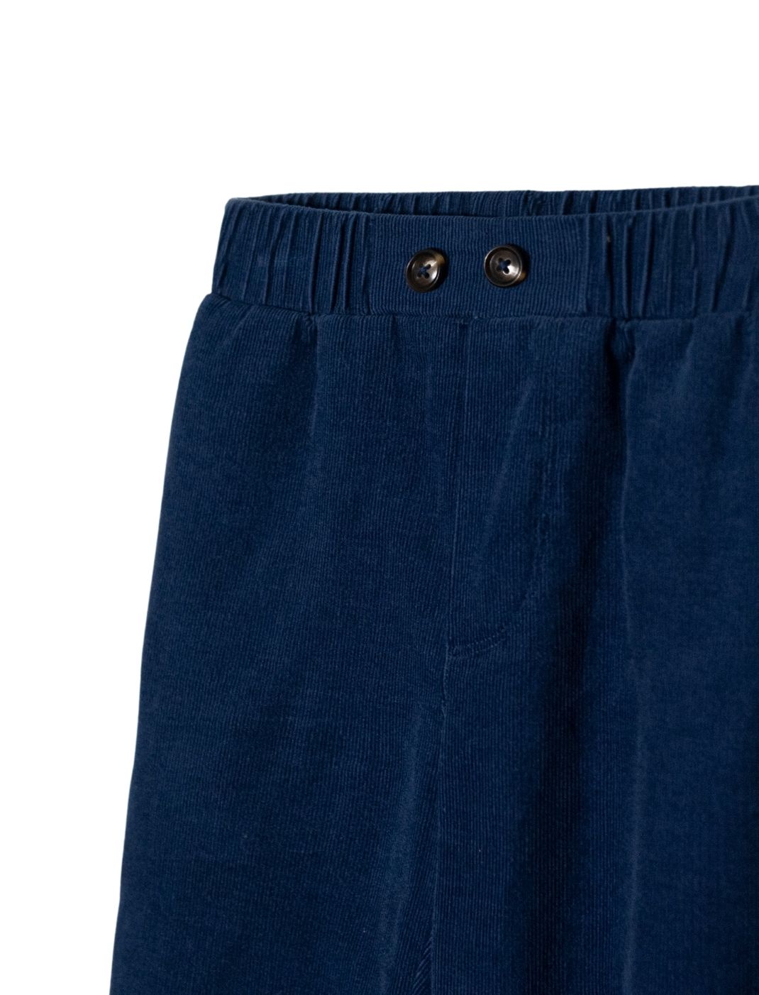 Detail shot of boys blue pants and elastic waist with buttons