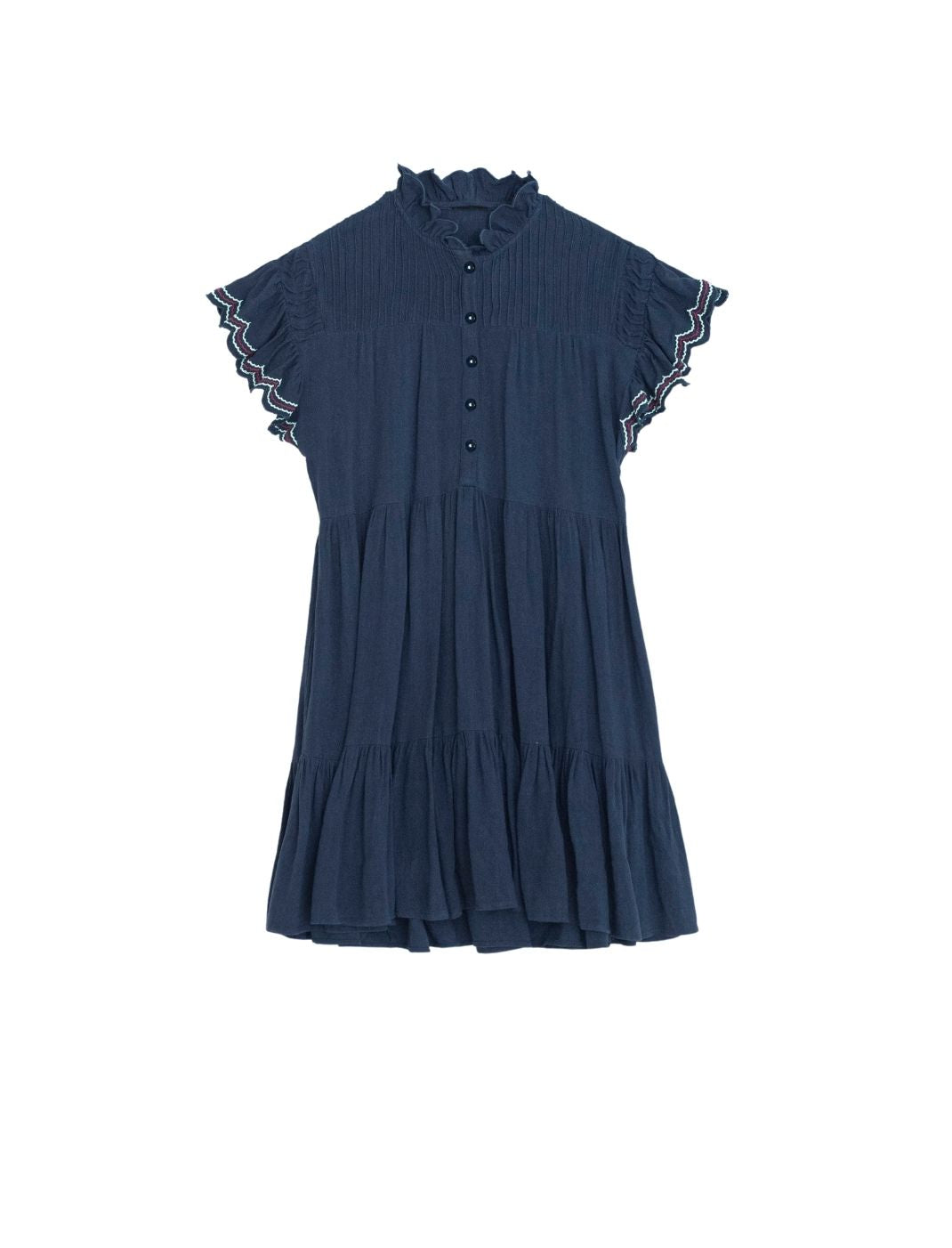 Women's blue dress with embroidered sleeves and buttons on front